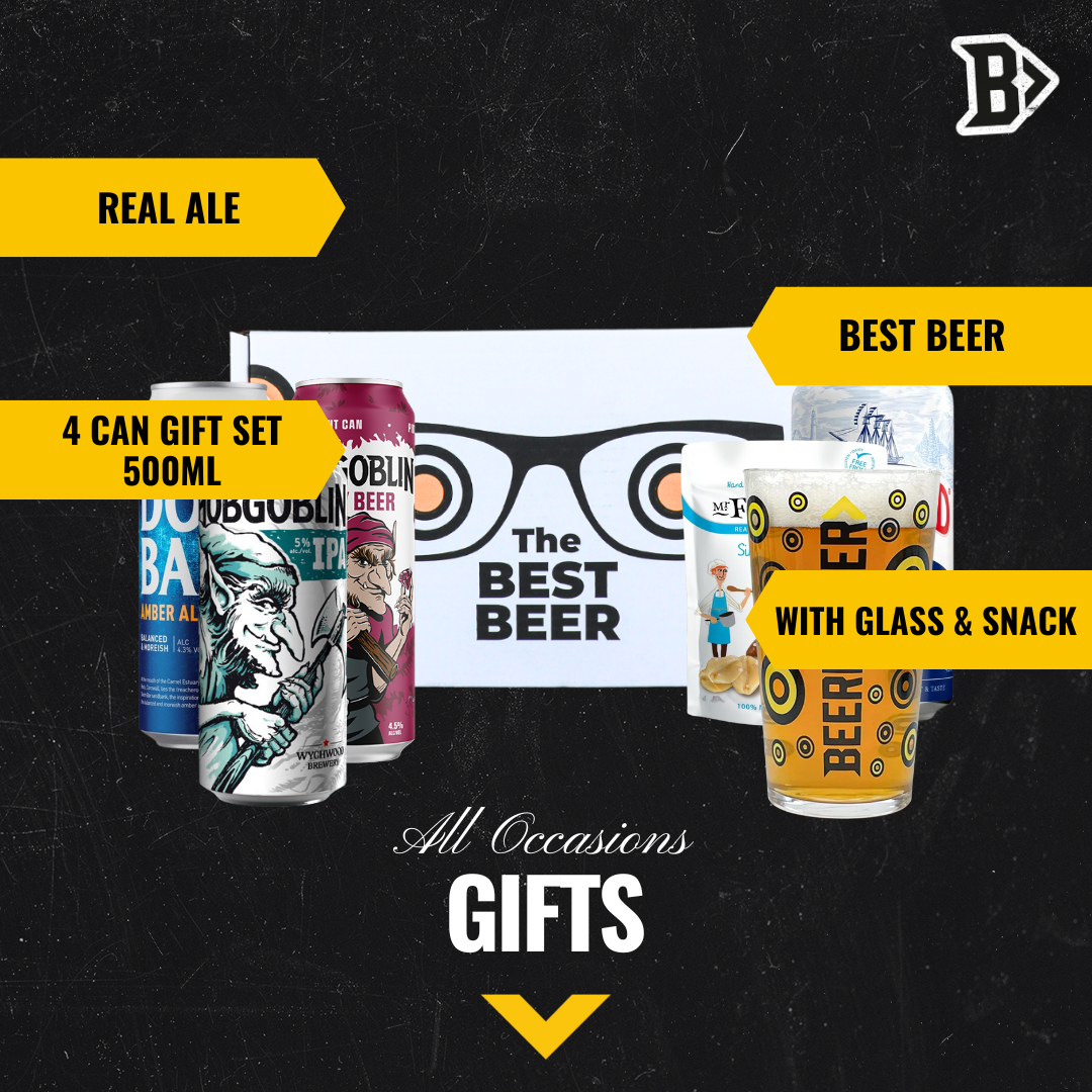 4 Can Ale Beer Gift Set - Doom Bar, Shipyard, Hobgoblin with Branded Glass