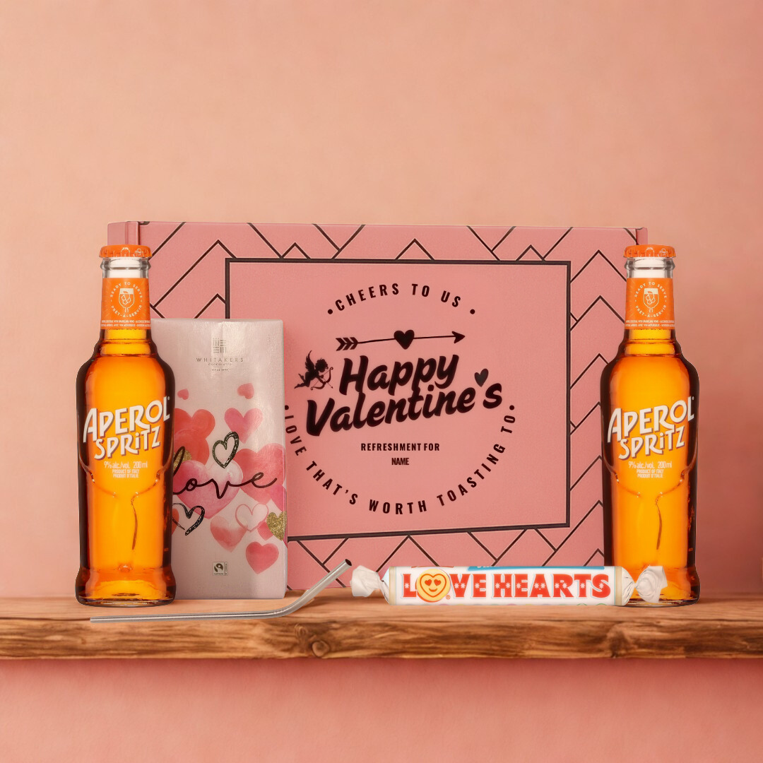 Personalised Happy Valentine’s Aperol Spritz Gift Set with Chocolate, Love Hearts & Metal Straw (2 x 200ml)