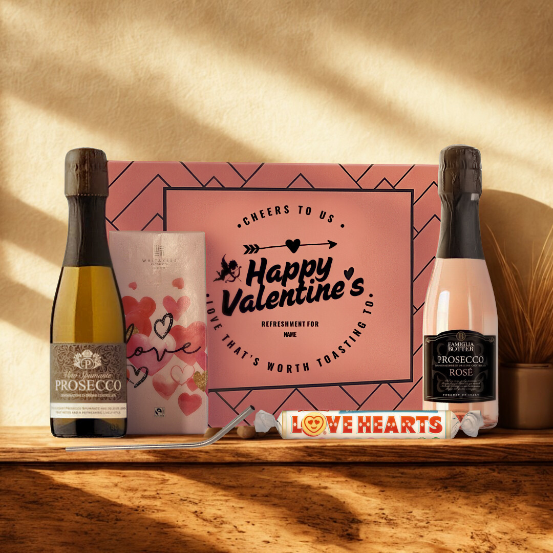 Personalised Happy Valentine’s Prosecco Gift Set with Chocolate, Love Hearts & Metal Straw (2 x 200ml)