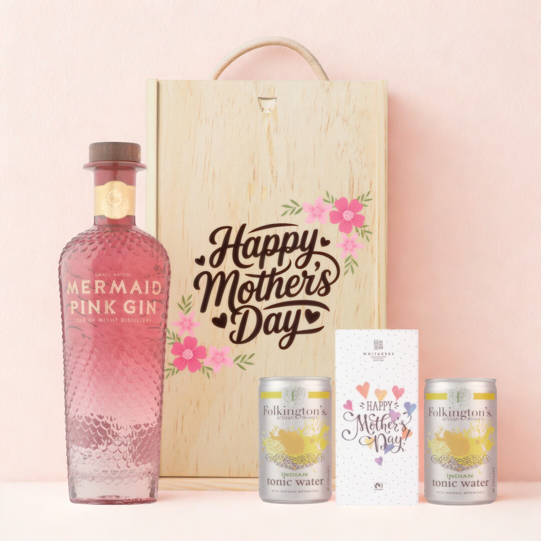 Mother’s Day Pink Gin Gift Set – Mermaid Pink Gin 70cl with Tonics & Chocolate – Luxury Mother’s Day Gift for Mum