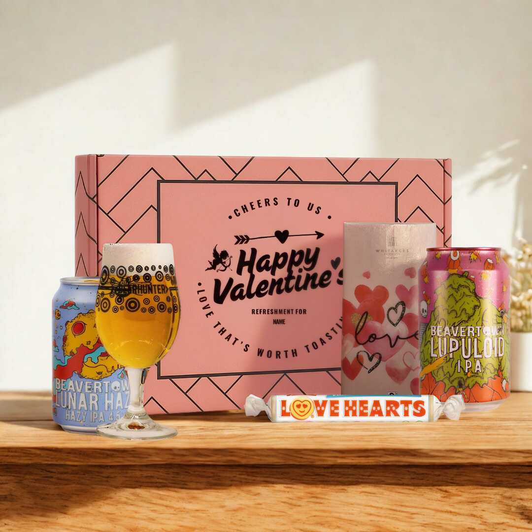 Personalised Happy Valentine’s Beavertown Gift Set with Glass, Chocolate & Love Hearts (2 x 330ml)