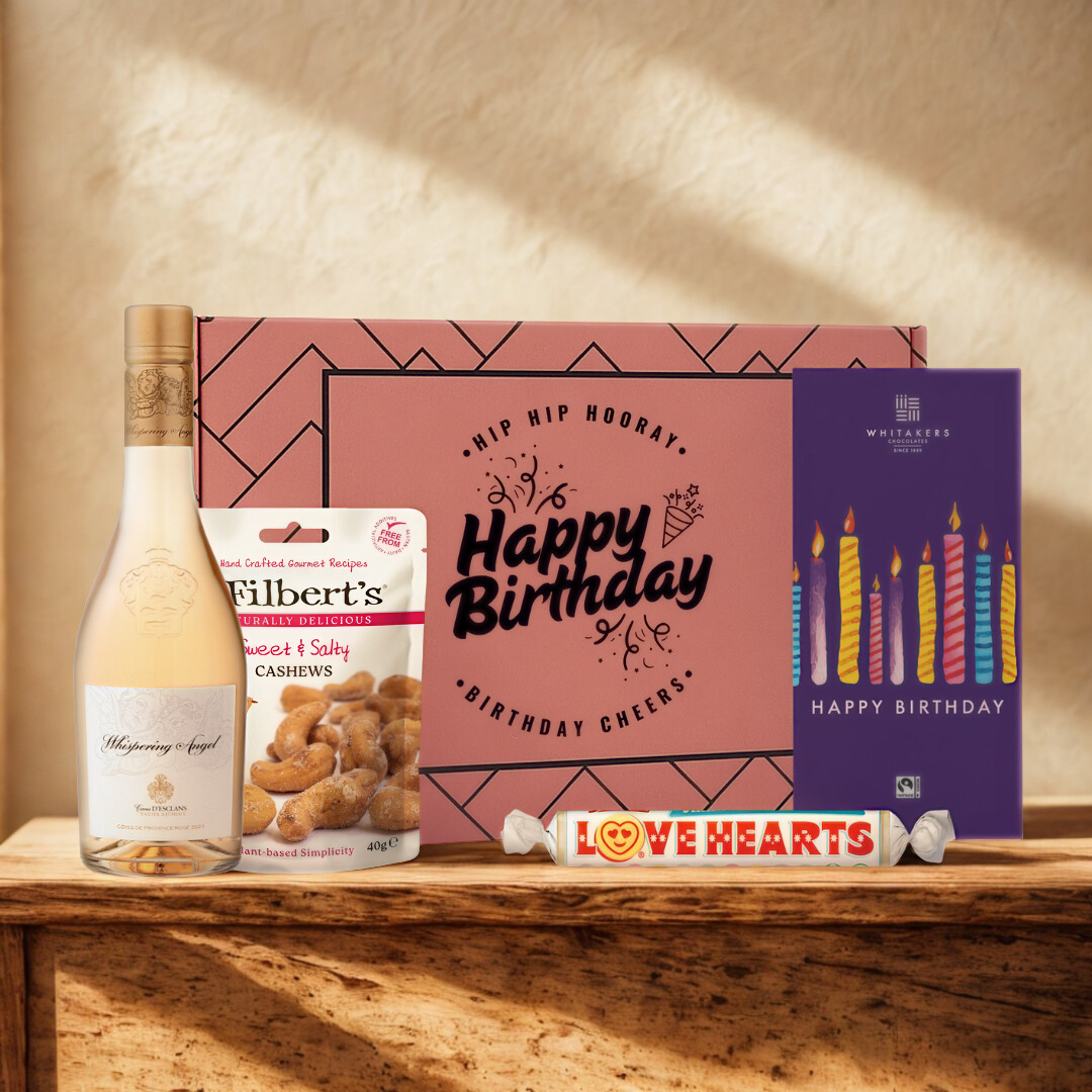 Happy Birthday Whispering Angel Rosé Wine and Snacks Gift Box – 37.5cl (13% ABV)