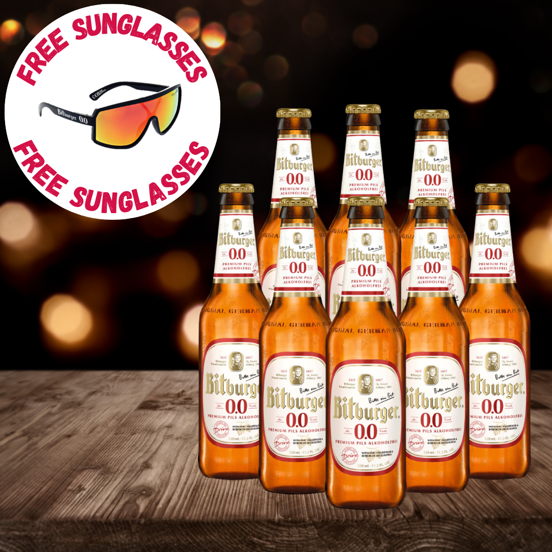 Bitburger Drive Alcohol Free German Pilsner 330ml Bottles WITH FREE SUNGLASSES – 0.0% ABV (Multipack)