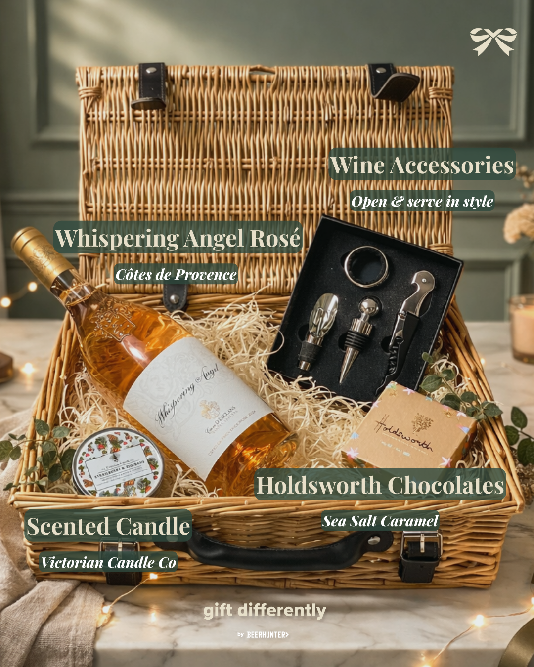 Whispering Angel Rose 14" Wine Hamper with Chocolates and Accessories - 75cl (13% ABV)