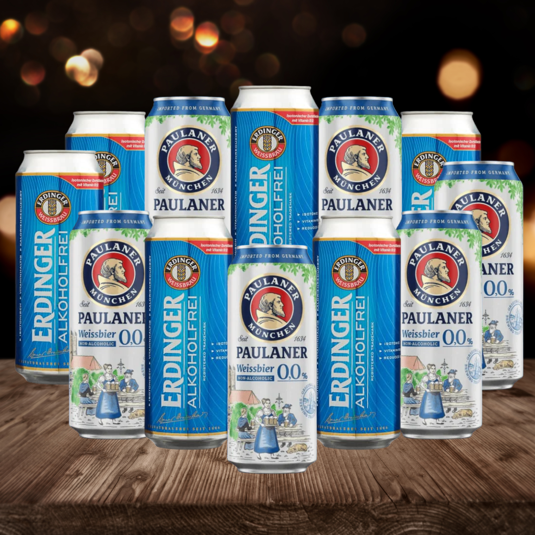 German Alcohol-Free Wheat Beer Paulaner &amp; Erdinger Mixed Case 500ml Cans 0.0% ABV (12 Pack)