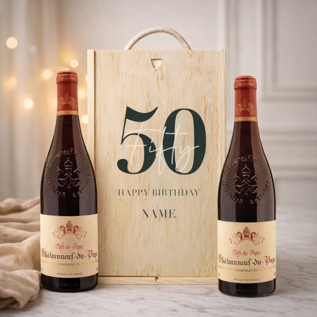Personalised 50th Birthday Chateauneuf Du Pape Red Wine Gift Set Two x 75cl