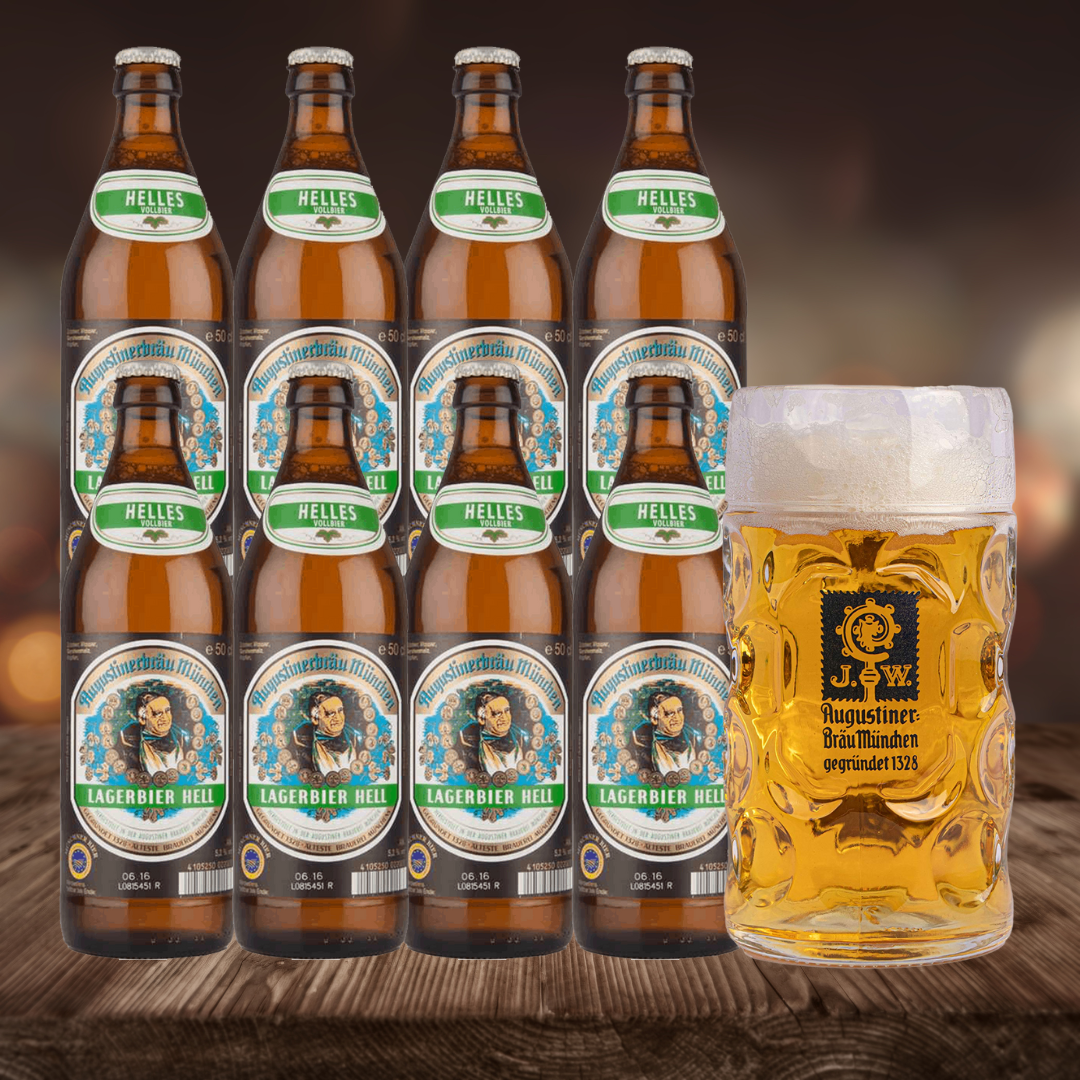 Augustiner Helles 500ml Bottles with Augustiner Stein (8 Pack) - 5.2% ABV