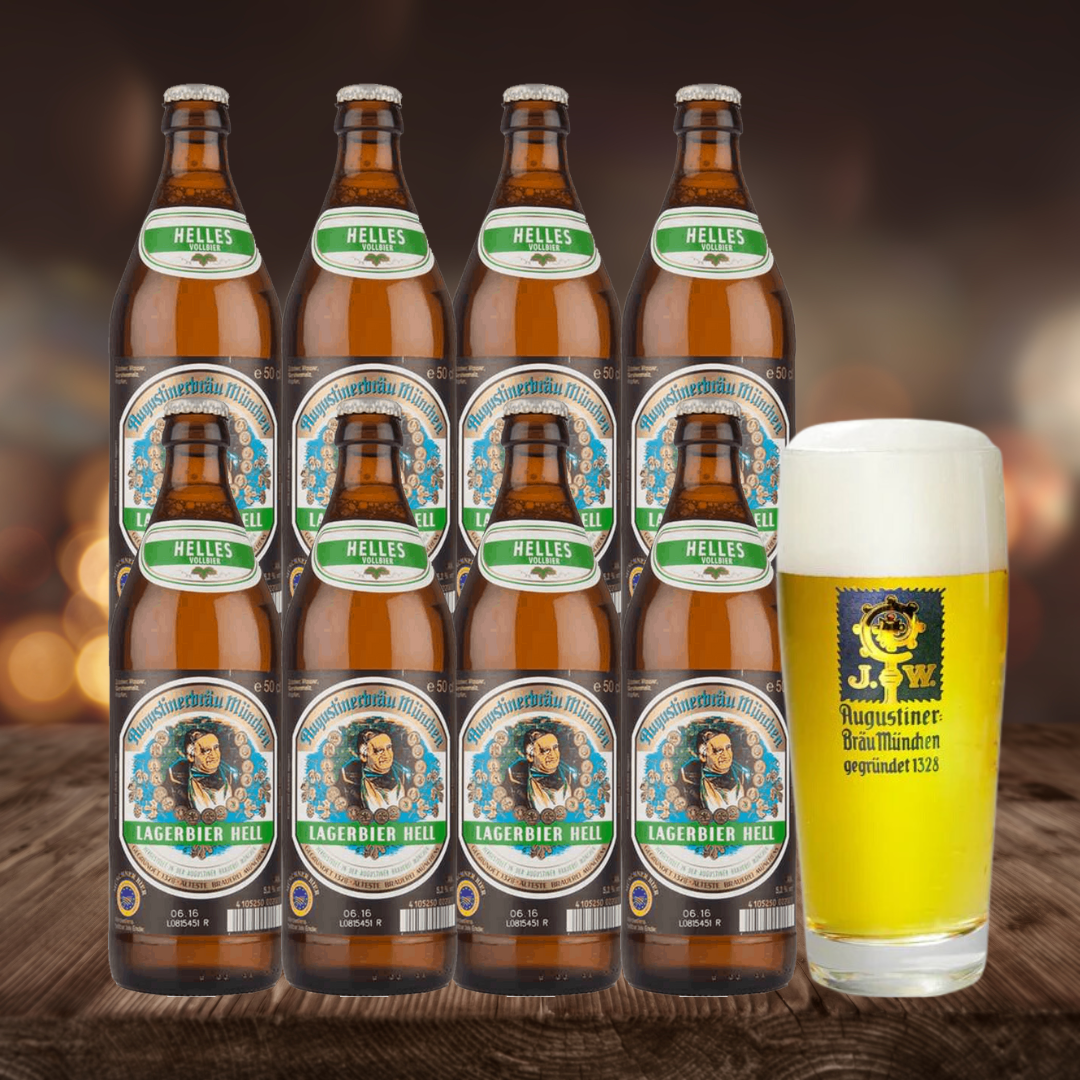 Augustiner Helles 500ml Bottles with Augustiner Pint Glass (8 Pack) - 5.2% ABV