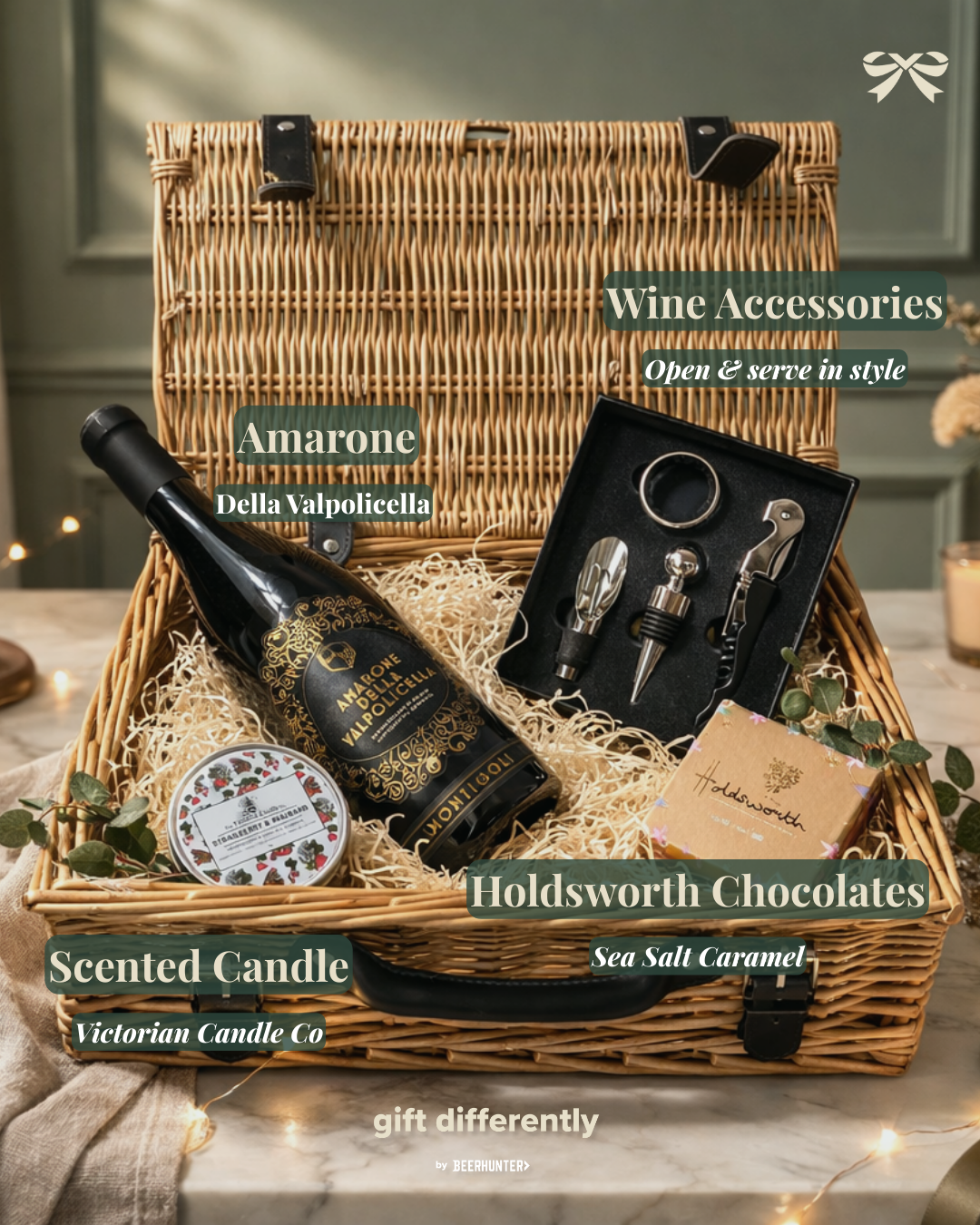 Amarone della Valpolicella Red Wine 14" Gift Hamper with Chocolates and Accessories – 75cl (15% ABV)