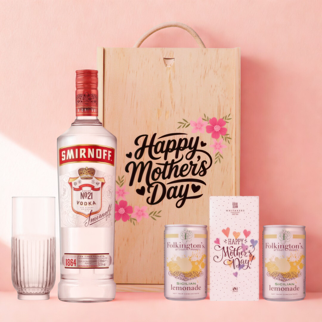 Mother’s Day Vodka Gift Set – Smirnoff 70cl with Lemonade, Glass & Chocolate – Luxury Mother’s Day Gift for Mum