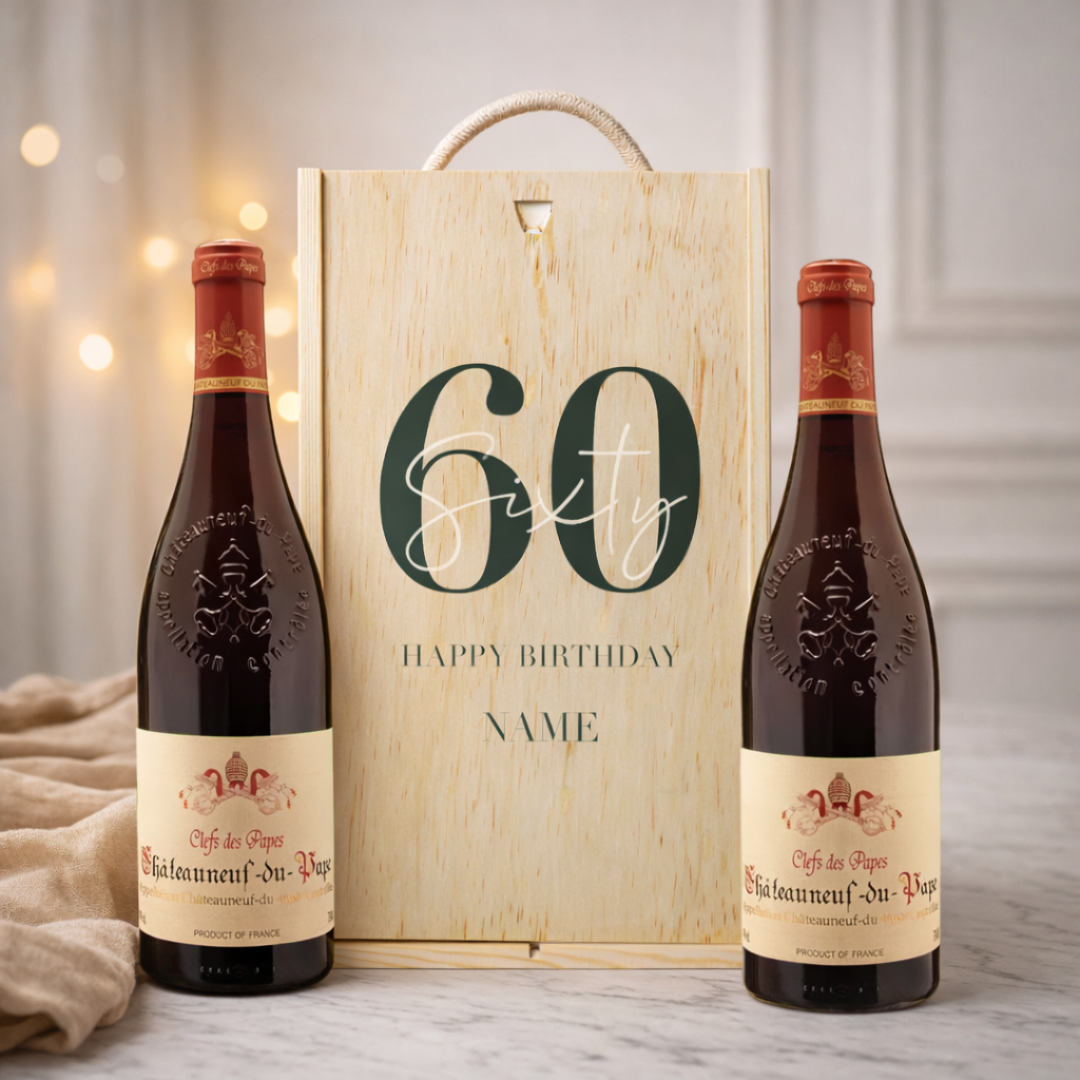 Personalised 60th Birthday Chateauneuf Du Pape Red Wine Gift Set Two x 75cl