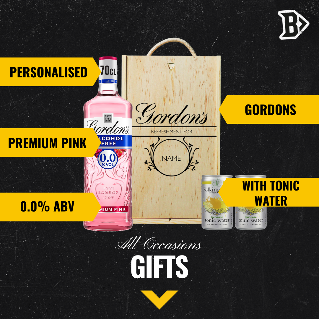 Personalised Gordon’s Pink 0.0 Alcohol-Free Gin & Tonic Gift Set In Wooden Box – 0.0% ABV (70cl)