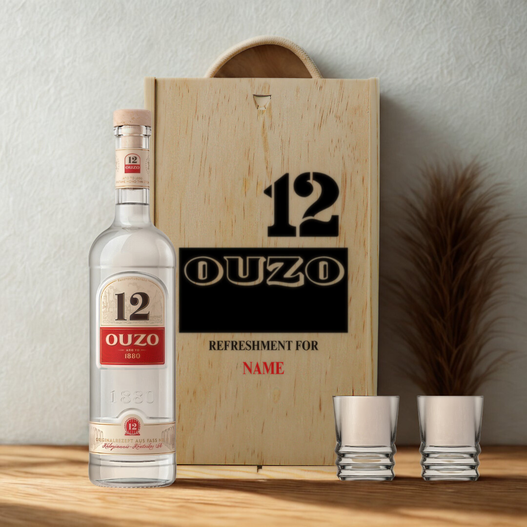 Personalised Ouzo 12 Greek Liqueur Gift Set With Shot Glasses - 70cl (38% ABV)