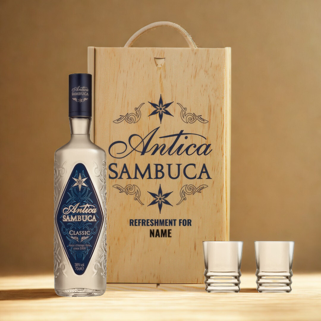 Personalised Antica Classic White Sambuca Gift Set With Shot Glasses - 70cl (38% ABV)