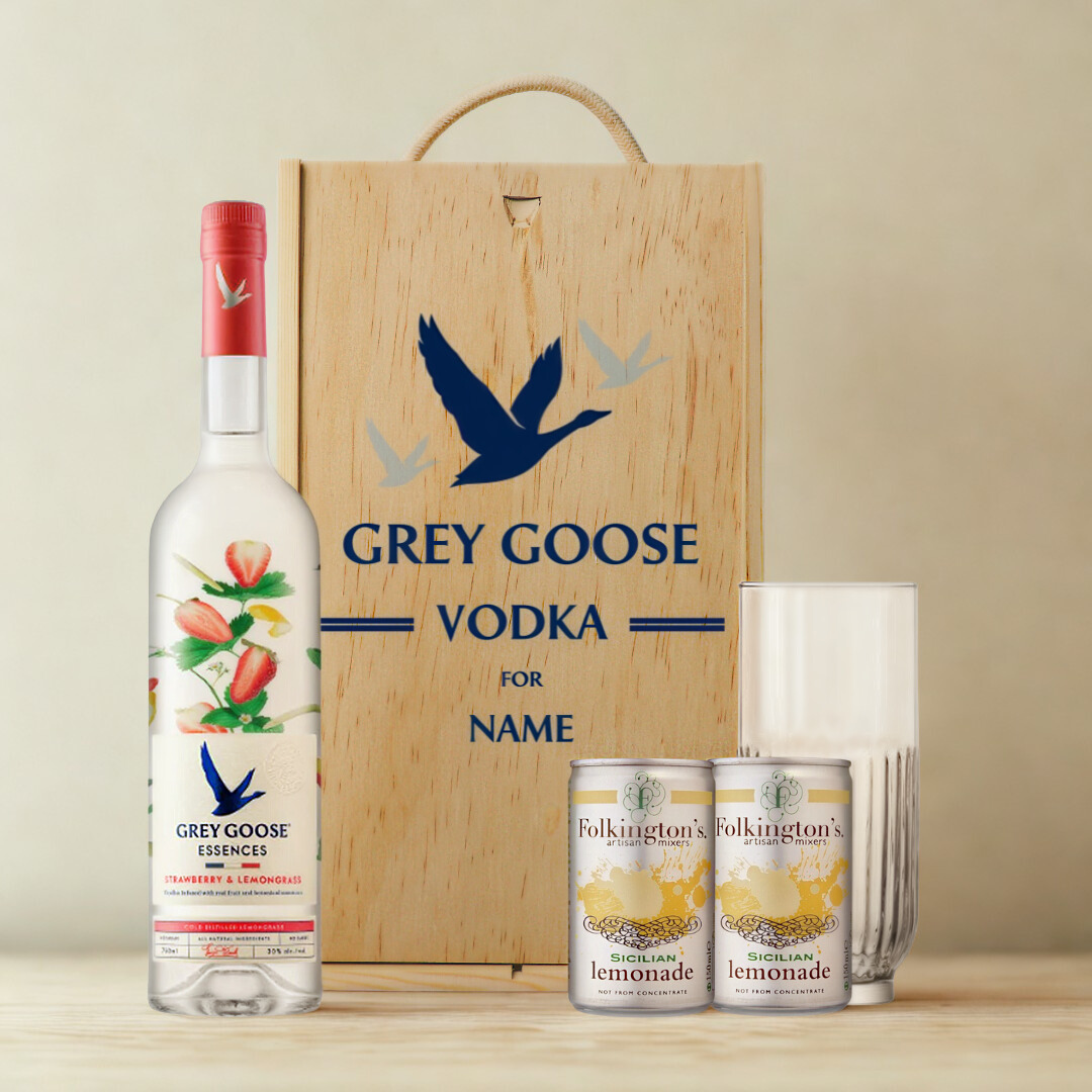 Personalised Grey Goose Strawberry &amp; Lemongrass Vodka Gift Set with Lemonade &amp; Rocks Glass (70cl)