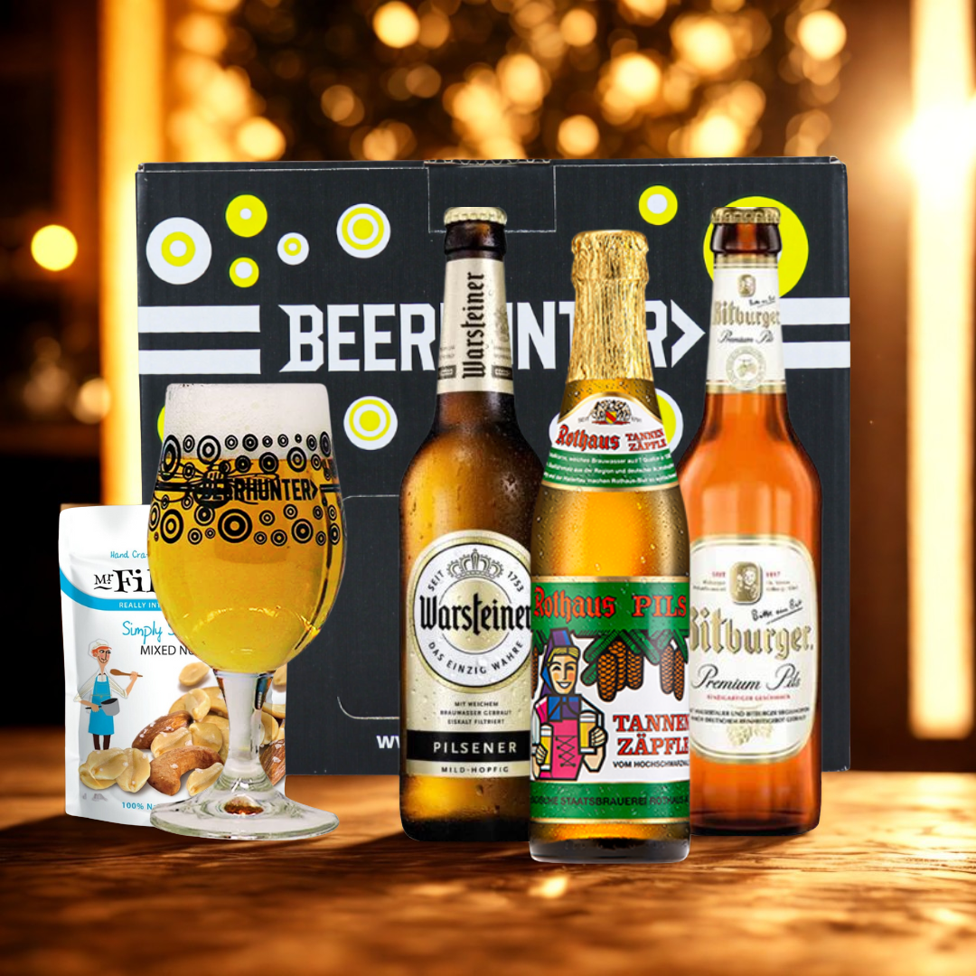 German Breweries Mixed Beer Gift Set with Glass (3 Pack) - Rothaus, Bitburger & Warsteiner Pilsner