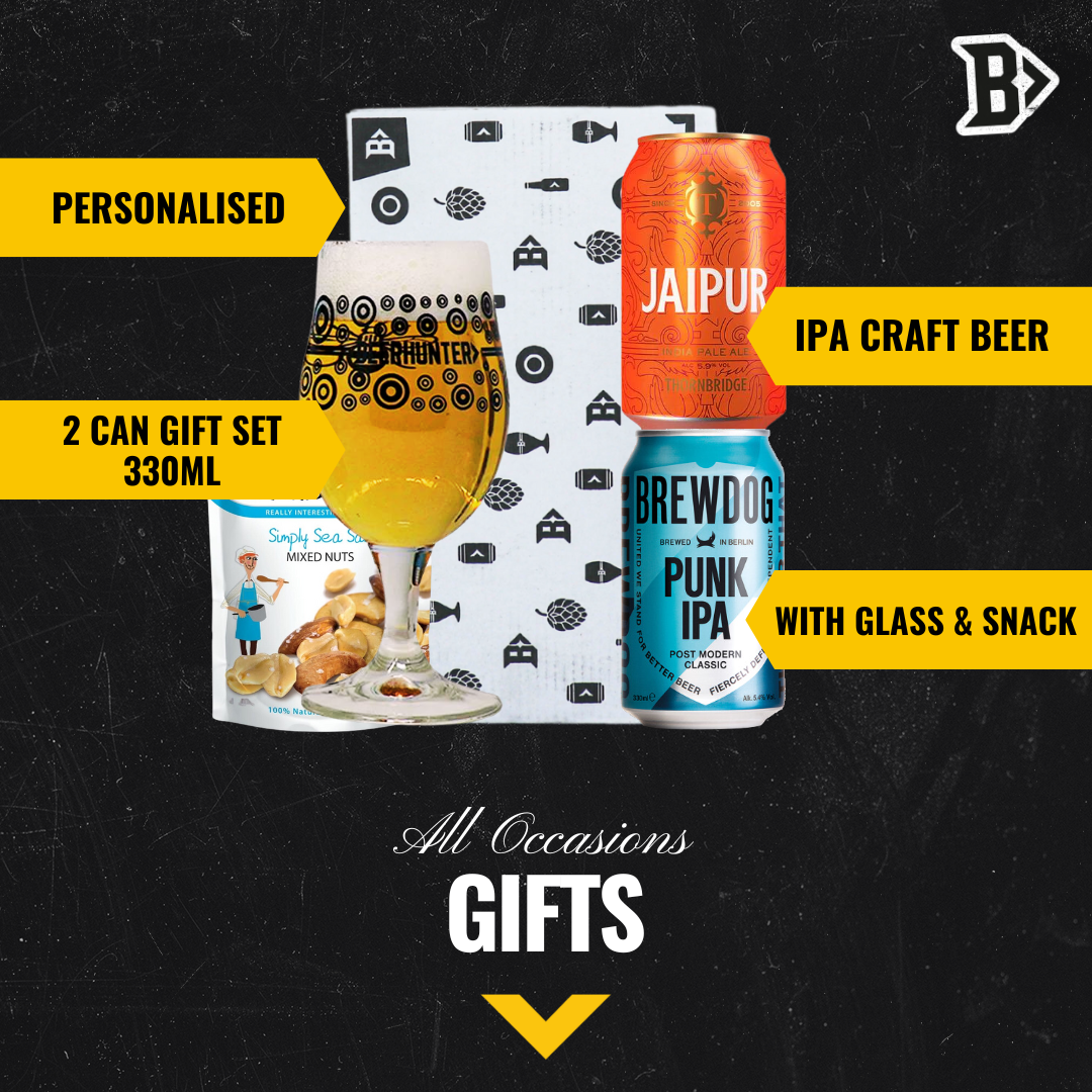 IPA Craft Beer 2 Can Gift Set with Beerhunter Glass (330ml Cans)