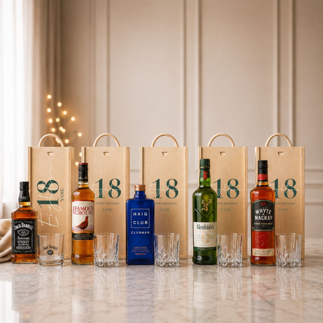 Personalised 18th Birthday Whisky Gift Set with Glass &amp; Personalised Lid (Choose JD, Glenfiddich, Haig Club &amp; More) 70cl
