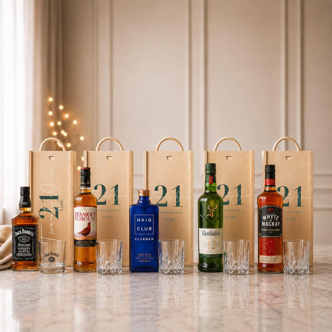 Personalised 21st Birthday Whisky Gift Set with Glass & Personalised Lid (Choose JD, Glenfiddich, Haig Club & More) – 70cl