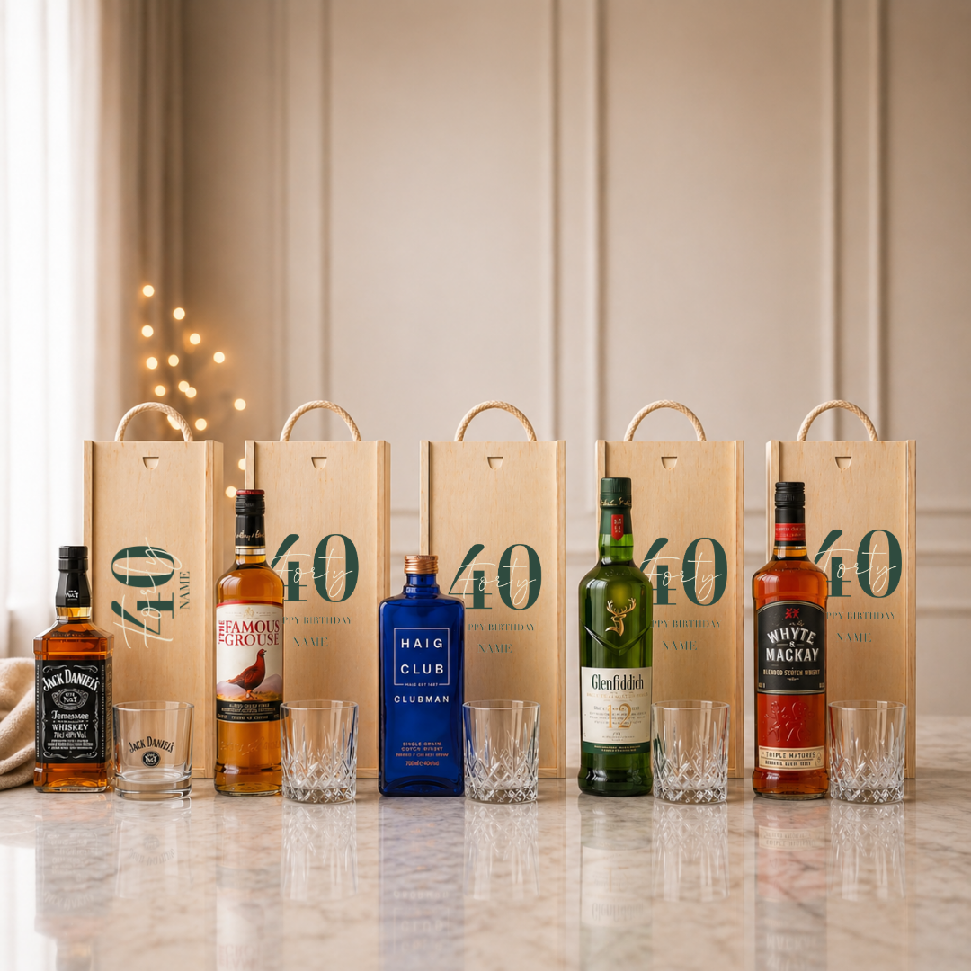 Personalised 40th Birthday Whisky Gift Set with Glass &amp; Personalised Lid (Choose JD, Glenfiddich, Haig Club &amp; More) – 70cl
