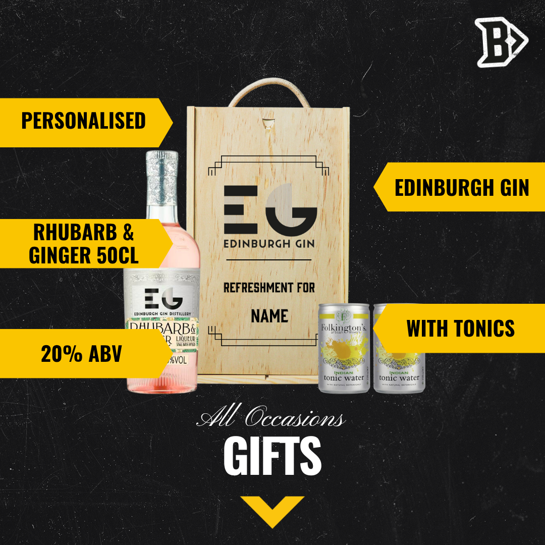 Personalised Wooden Gift Box with Edinburgh Rhubarb & Ginger Gin Liqueur with Folkington's Tonics