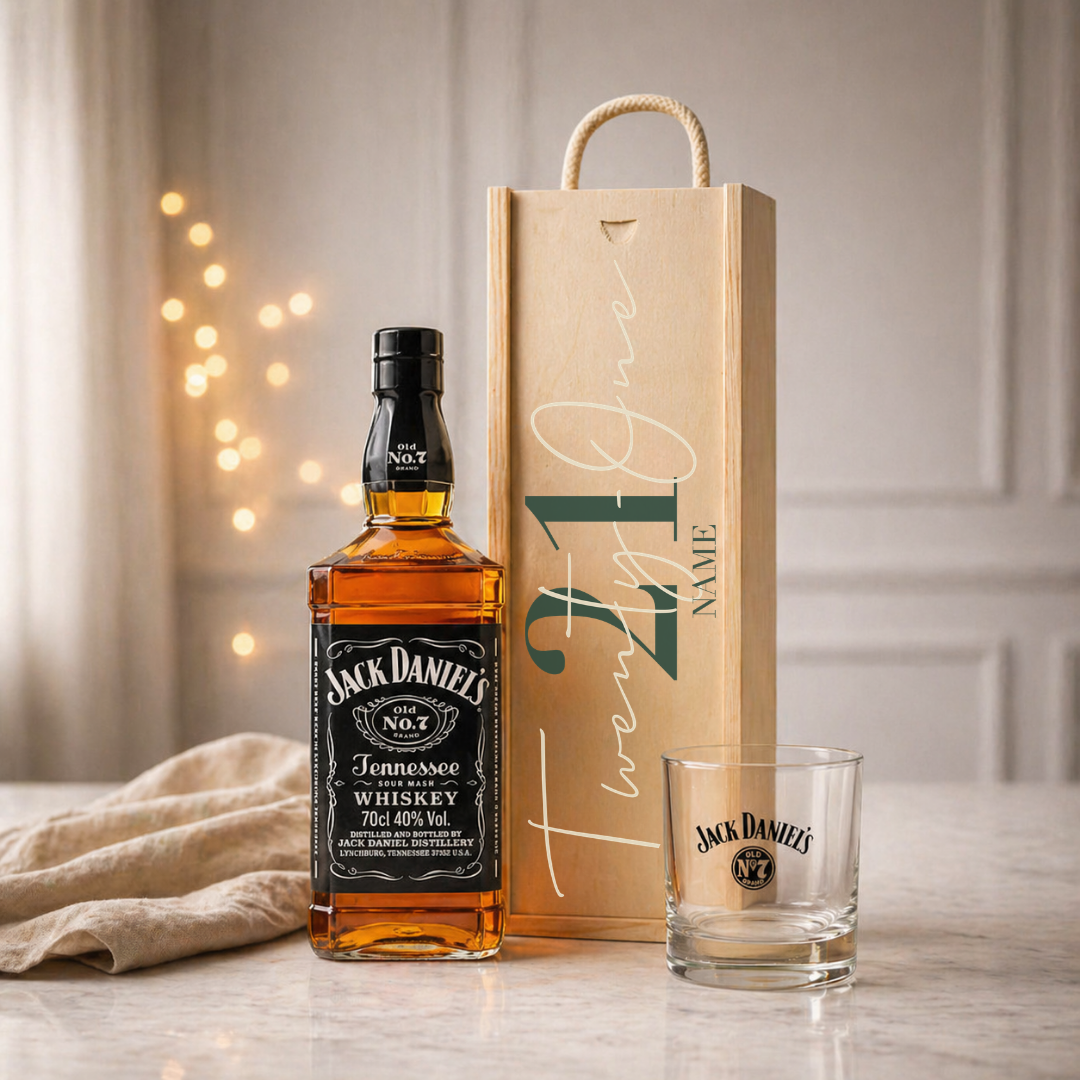 Personalised 21st Birthday Whisky Gift Set with Glass &amp; Personalised Lid (Choose JD, Glenfiddich, Haig Club &amp; More) – 70cl