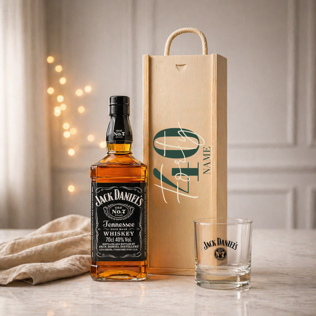Personalised 40th Birthday Whisky Gift Set with Glass &amp; Personalised Lid (Choose JD, Glenfiddich, Haig Club &amp; More) – 70cl