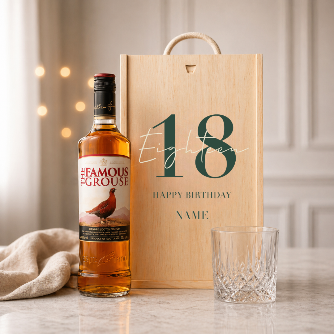 Personalised 18th Birthday Whisky Gift Set with Glass &amp; Personalised Lid (Choose JD, Glenfiddich, Haig Club &amp; More) 70cl