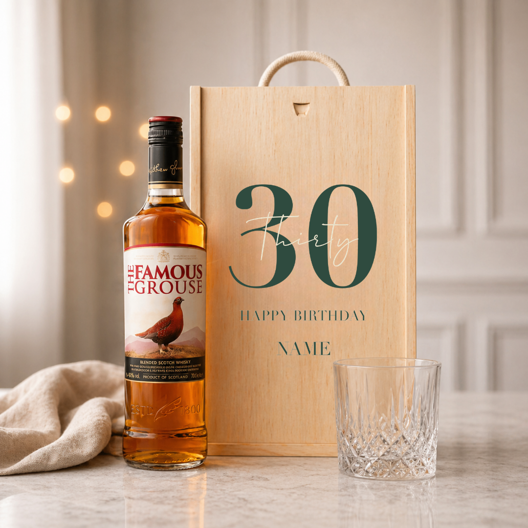 Personalised 30th Birthday Whisky Gift Set with Glass &amp; Personalised Lid (Choose JD, Glenfiddich, Haig Club &amp; More) – 70cl