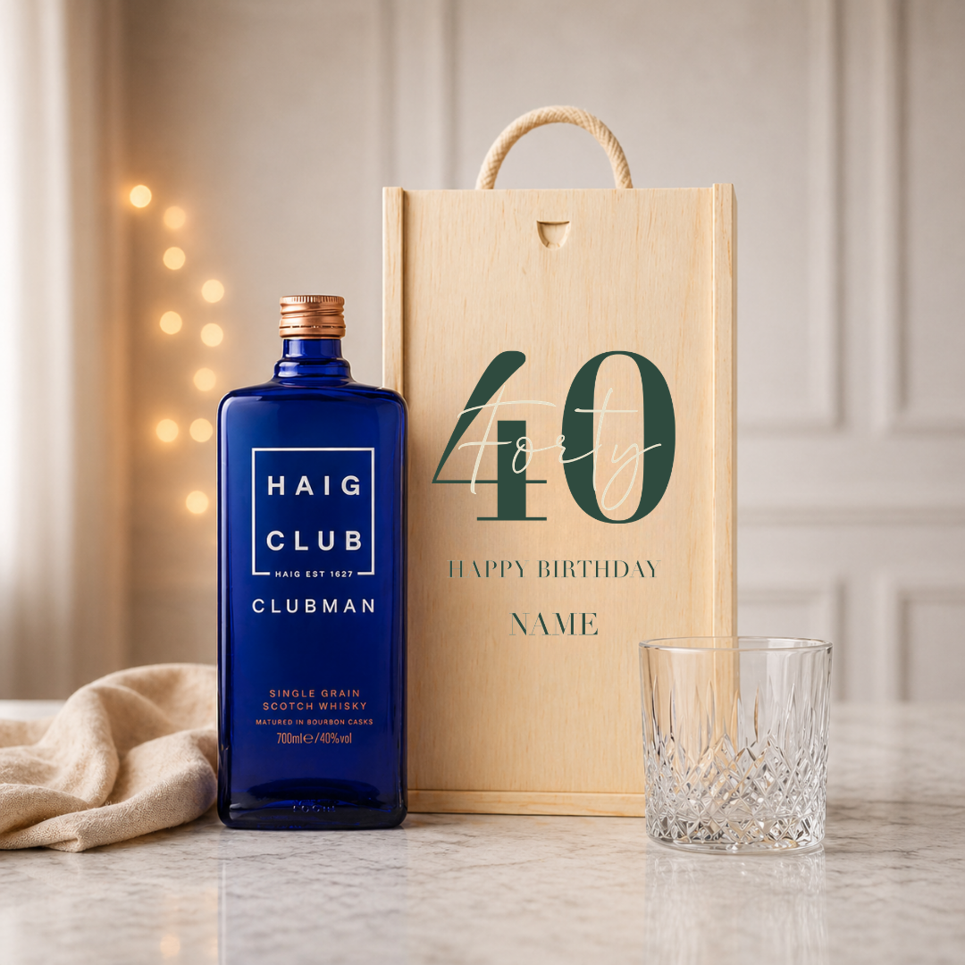 Personalised 40th Birthday Whisky Gift Set with Glass & Personalised Lid (Choose JD, Glenfiddich, Haig Club & More) – 70cl