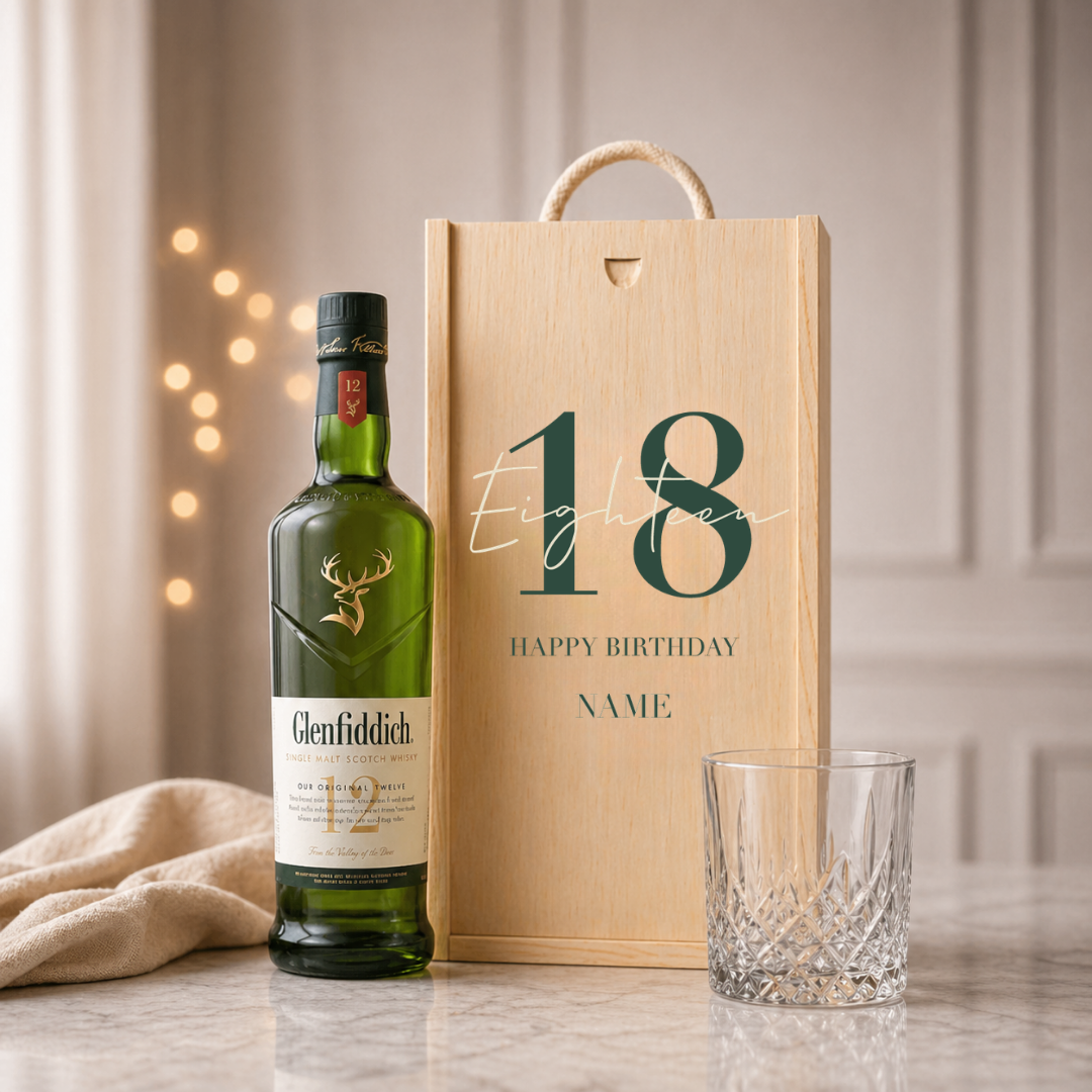 Personalised 18th Birthday Whisky Gift Set with Glass &amp; Personalised Lid (Choose JD, Glenfiddich, Haig Club &amp; More) 70cl