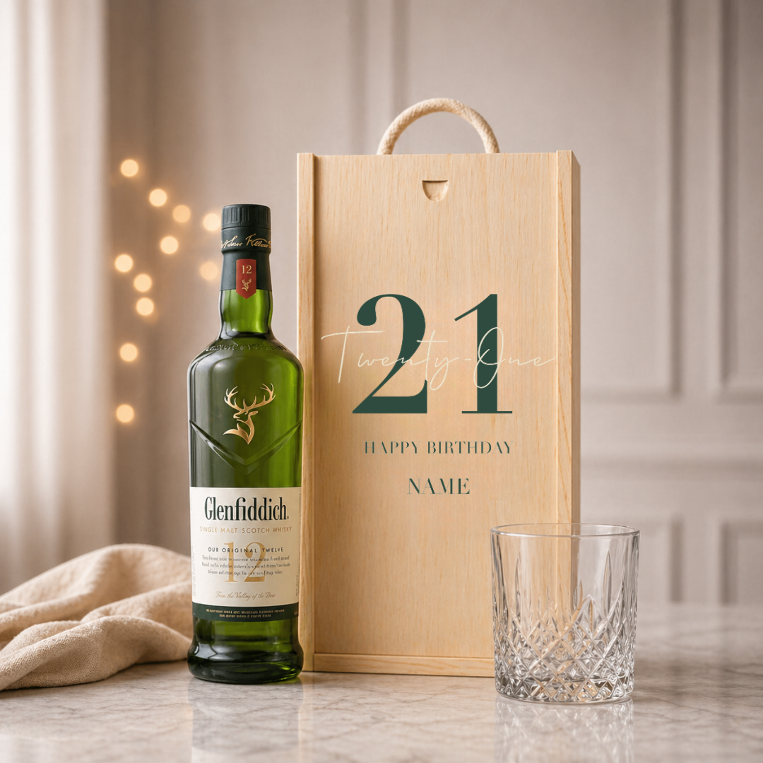 Personalised 21st Birthday Whisky Gift Set with Glass &amp; Personalised Lid (Choose JD, Glenfiddich, Haig Club &amp; More) – 70cl