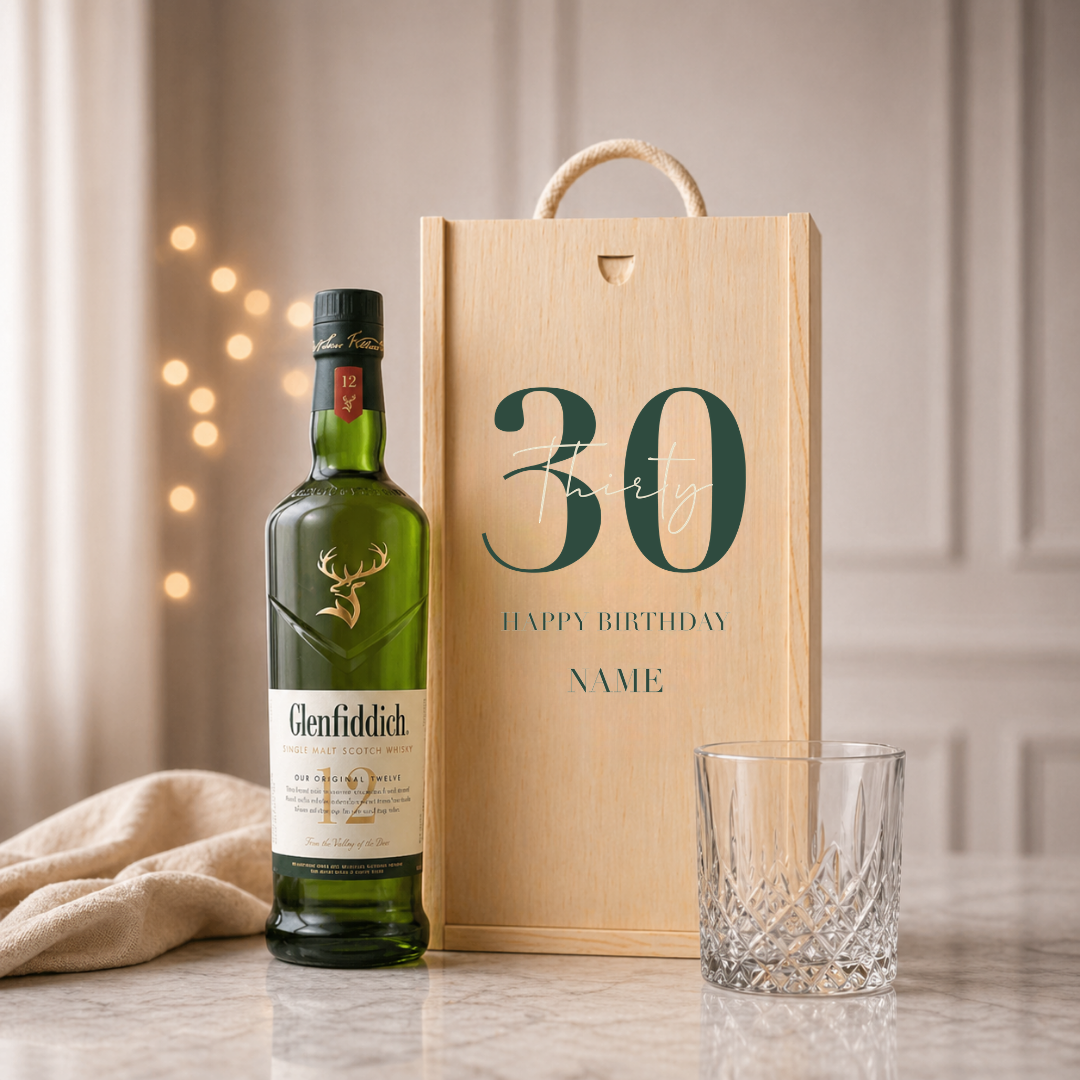 Personalised 30th Birthday Whisky Gift Set with Glass &amp; Personalised Lid (Choose JD, Glenfiddich, Haig Club &amp; More) – 70cl