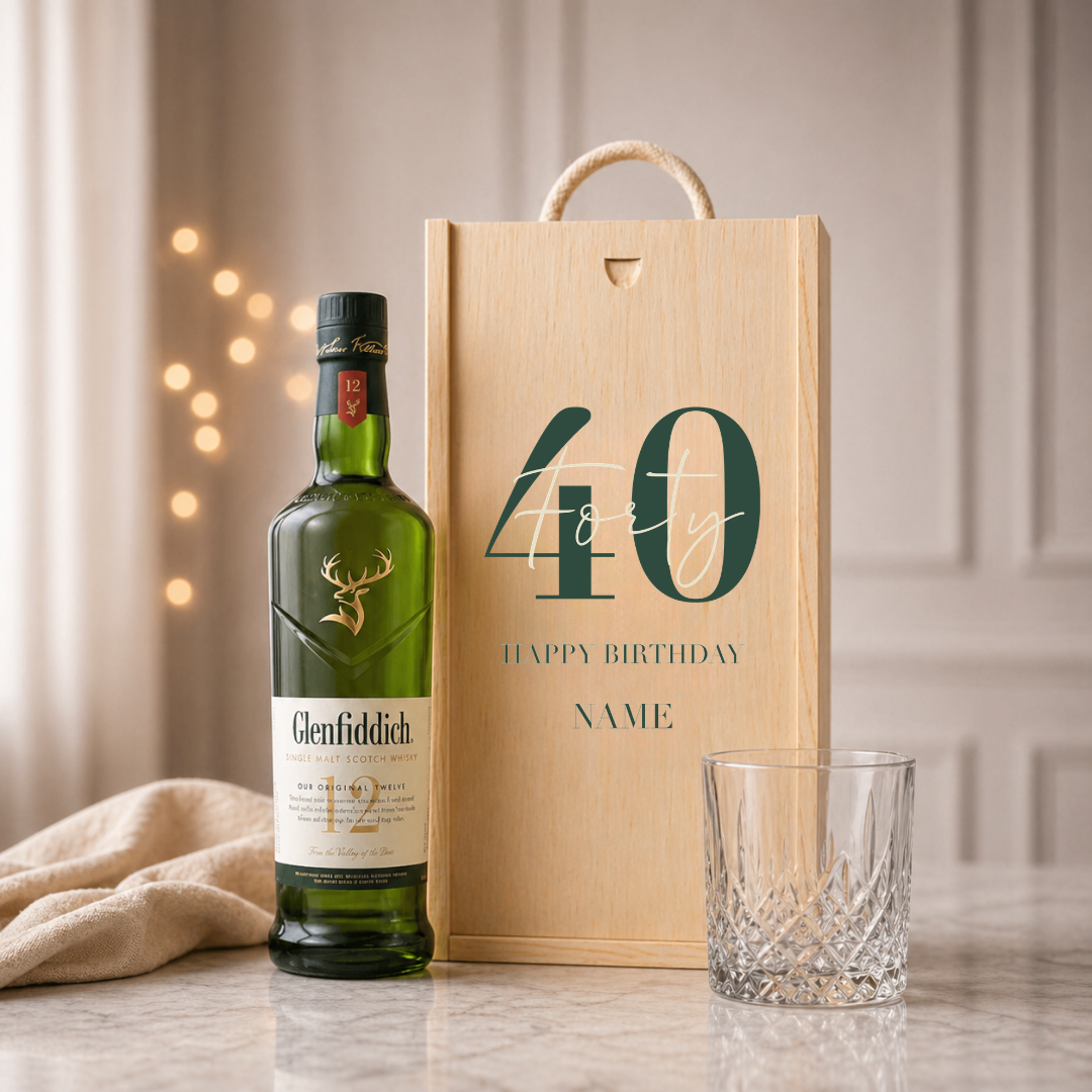 Personalised 40th Birthday Whisky Gift Set with Glass &amp; Personalised Lid (Choose JD, Glenfiddich, Haig Club &amp; More) – 70cl