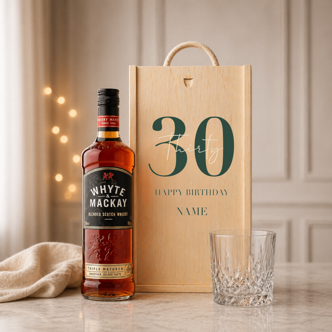 Personalised 30th Birthday Whisky Gift Set with Glass & Personalised Lid (Choose JD, Glenfiddich, Haig Club & More) – 70cl