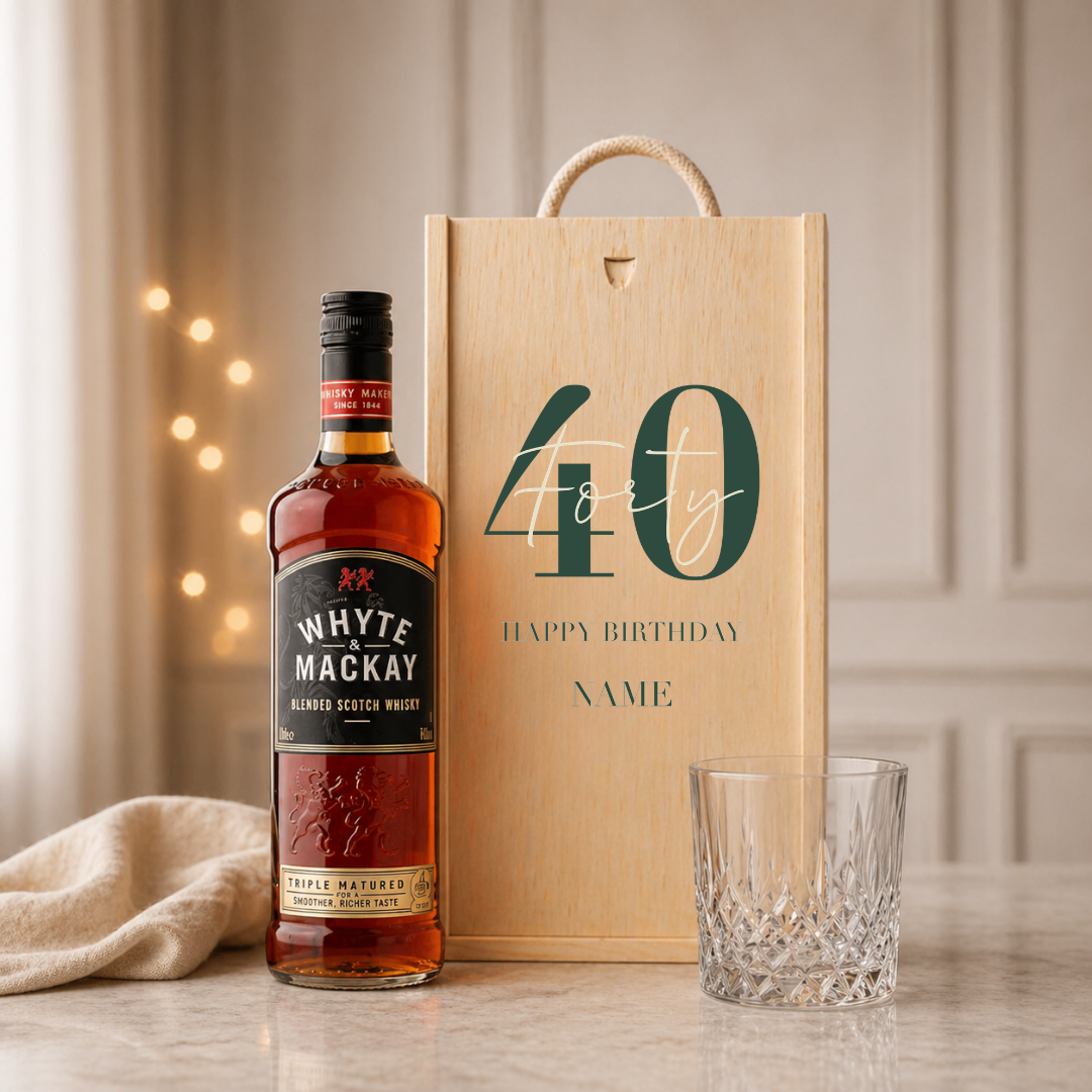 Personalised 40th Birthday Whisky Gift Set with Glass & Personalised Lid (Choose JD, Glenfiddich, Haig Club & More) – 70cl