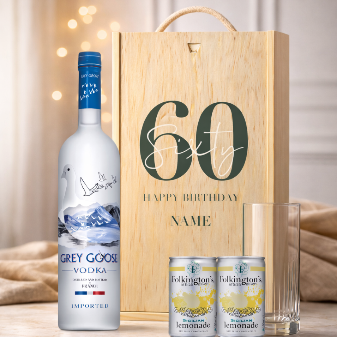 Personalised 60th Birthday Grey Goose Vodka Gift Set With Glass And Lemonades