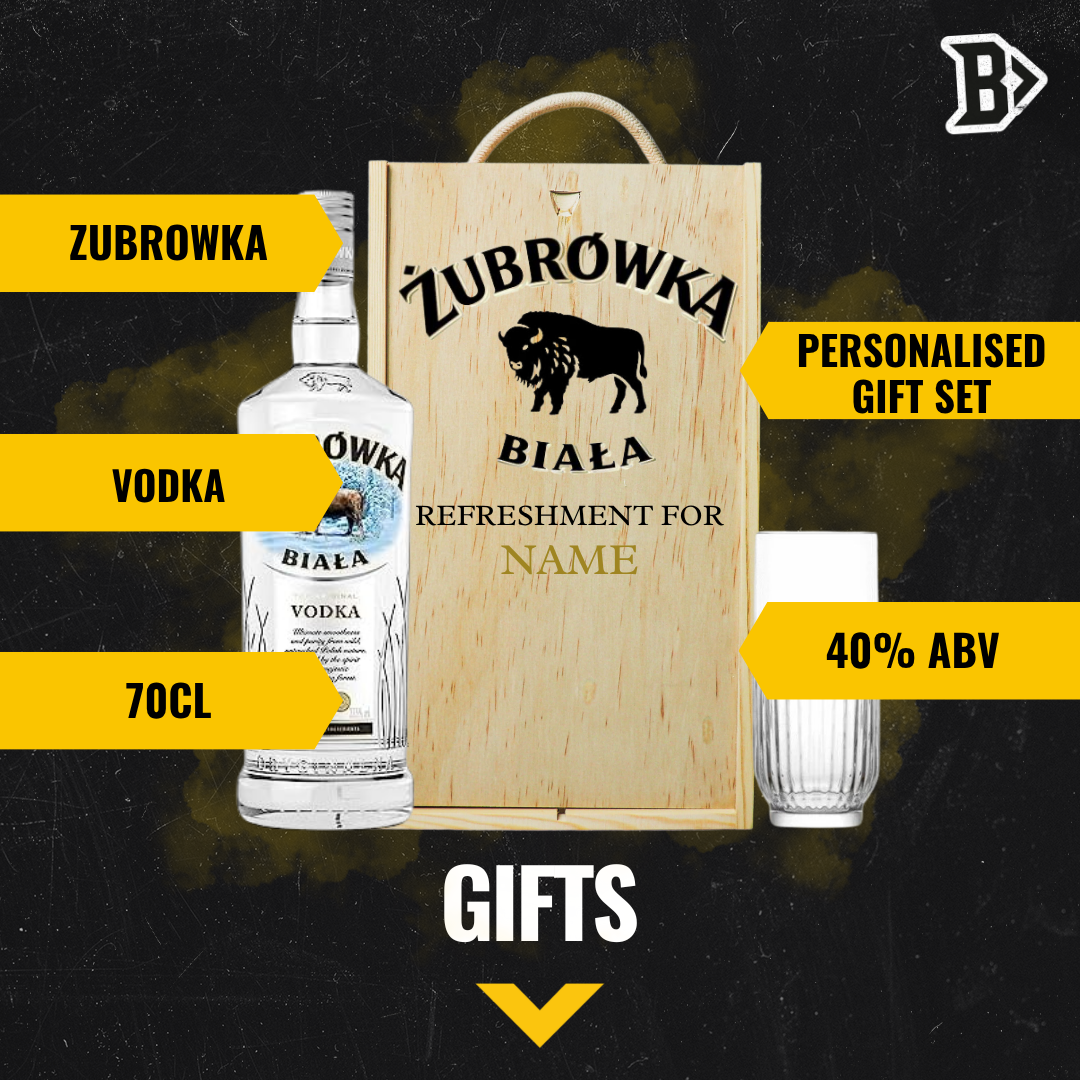 Personalised Żubrówka Biała Polish Vodka with Vodka Glass in Wooden Box Gift Set