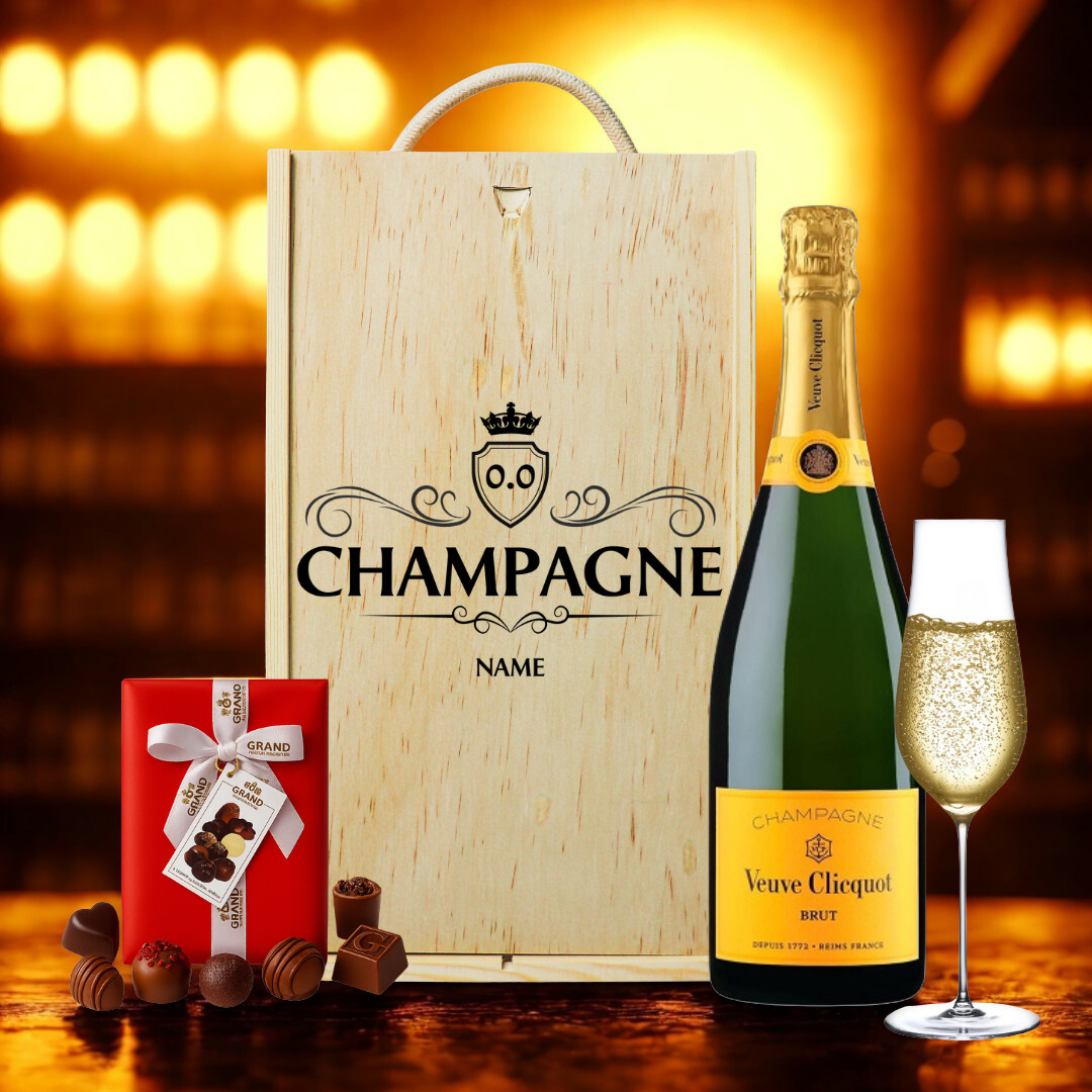 Personalised Veuve Clicquot Champagne Gift Box with Belgian Chocolates (75cl)