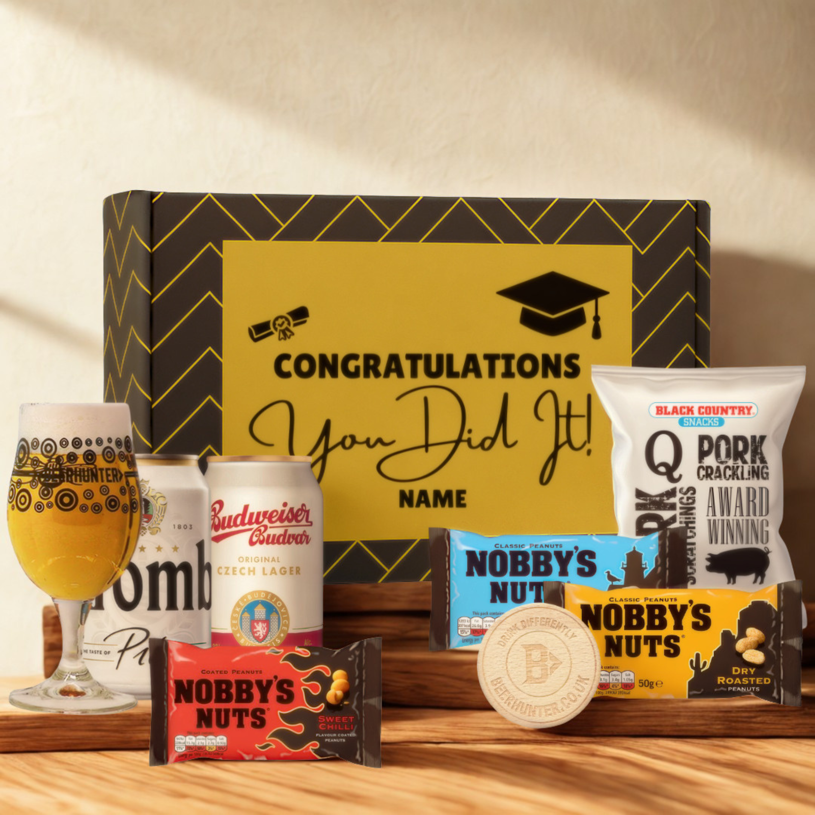 Personalised Graduation Beer Gift Set – Craft Beer Selection with Glass & Snacks (2 Pack)