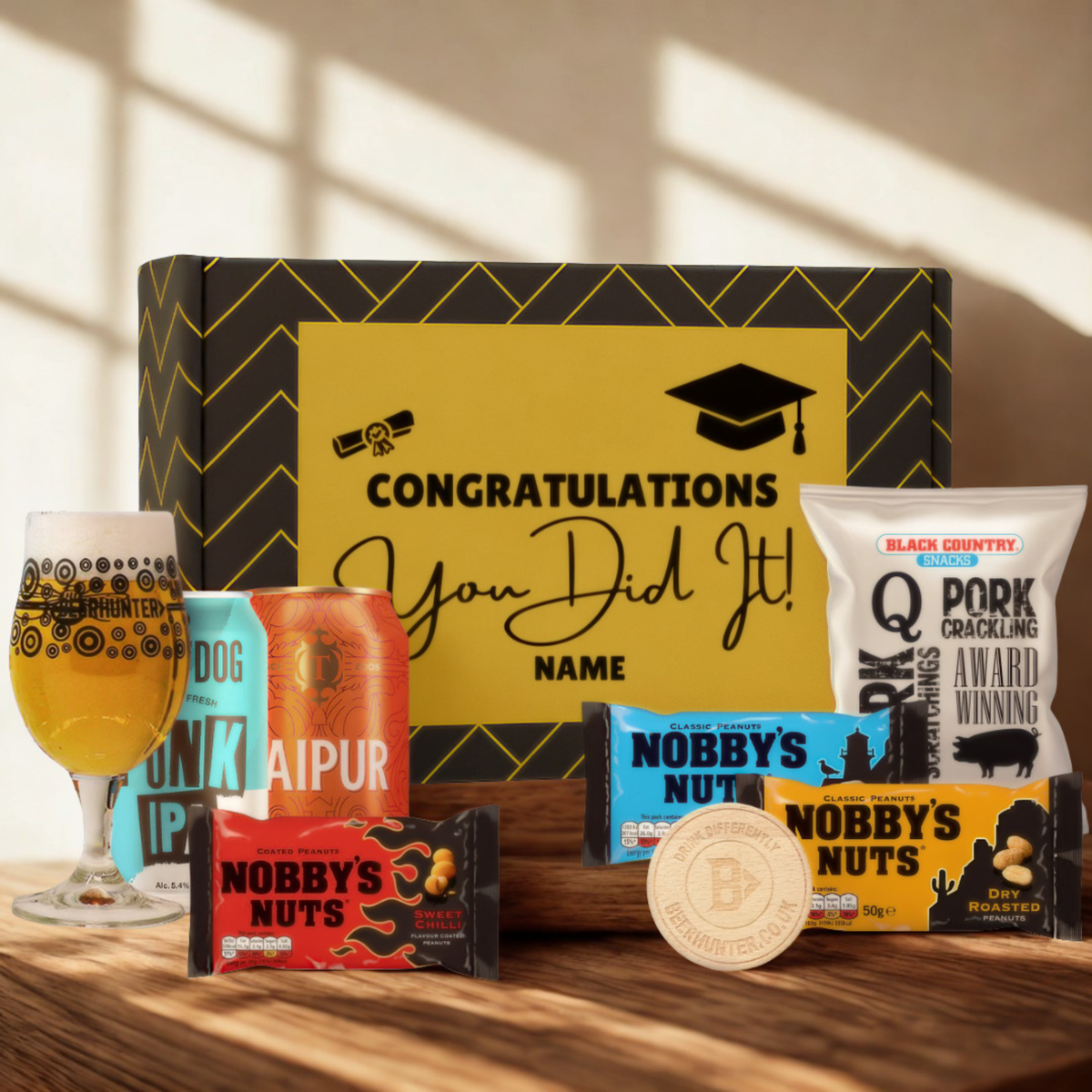 Personalised Graduation Beer Gift Set – Craft Beer Selection with Glass & Snacks (2 Pack)