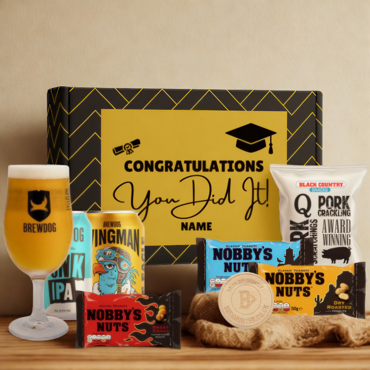 Personalised Graduation Beer Gift Set – Craft Beer Selection with Glass & Snacks (2 Pack)
