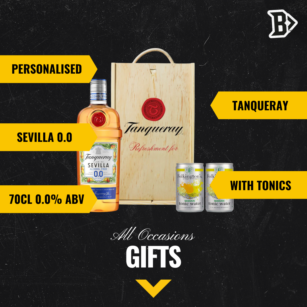 Personalised Tanqueray Sevilla 0.0 Alcohol-Free Gin & Tonic Gift Set In Wooden Box – 0.0% ABV (70cl)