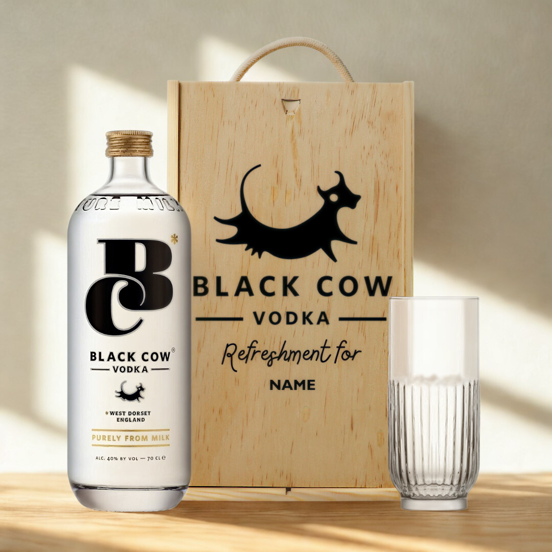 Personalised Black Cow Vodka Gift Set with Vodka Glass – 40% ABV (70cl)
