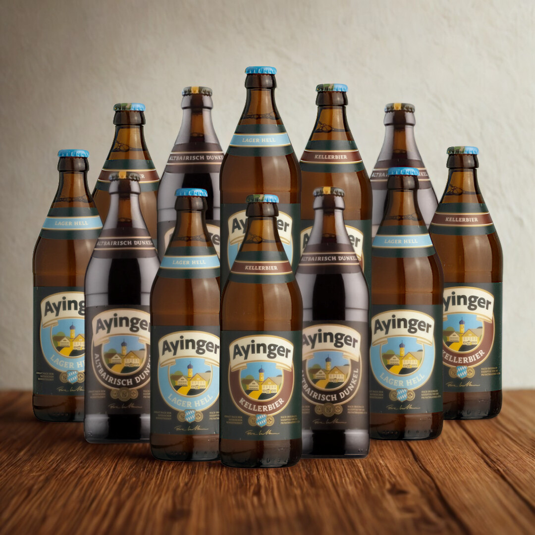 Ayinger German Lager Mixed Case (Helles, Dunkel &amp; Kellerbier) with Free Glass - (12 Pack)