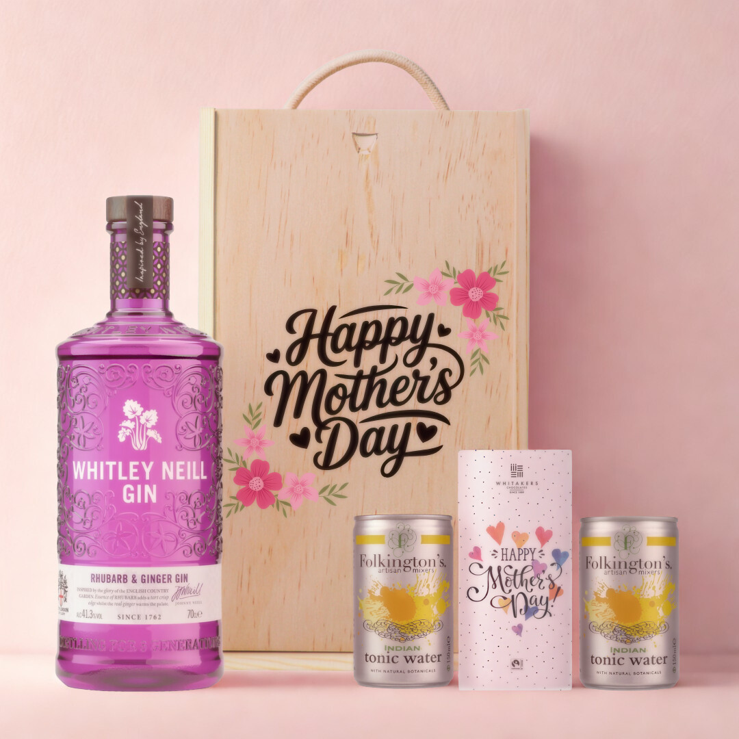 Mother’s Day Gin Gift Set – Whitley Neill Rhubarb &amp; Ginger (70cl) with Tonics &amp; Chocolate – Luxury Mother’s Day Gift for Mum