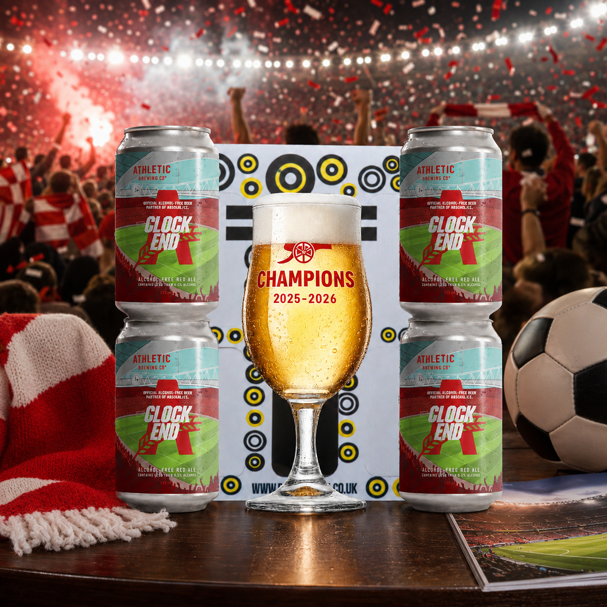 Athletic Brewing Arsenal Clock End Beer Gift Set with Limited Edition Glass (4 Pack) - 0.5% ABV