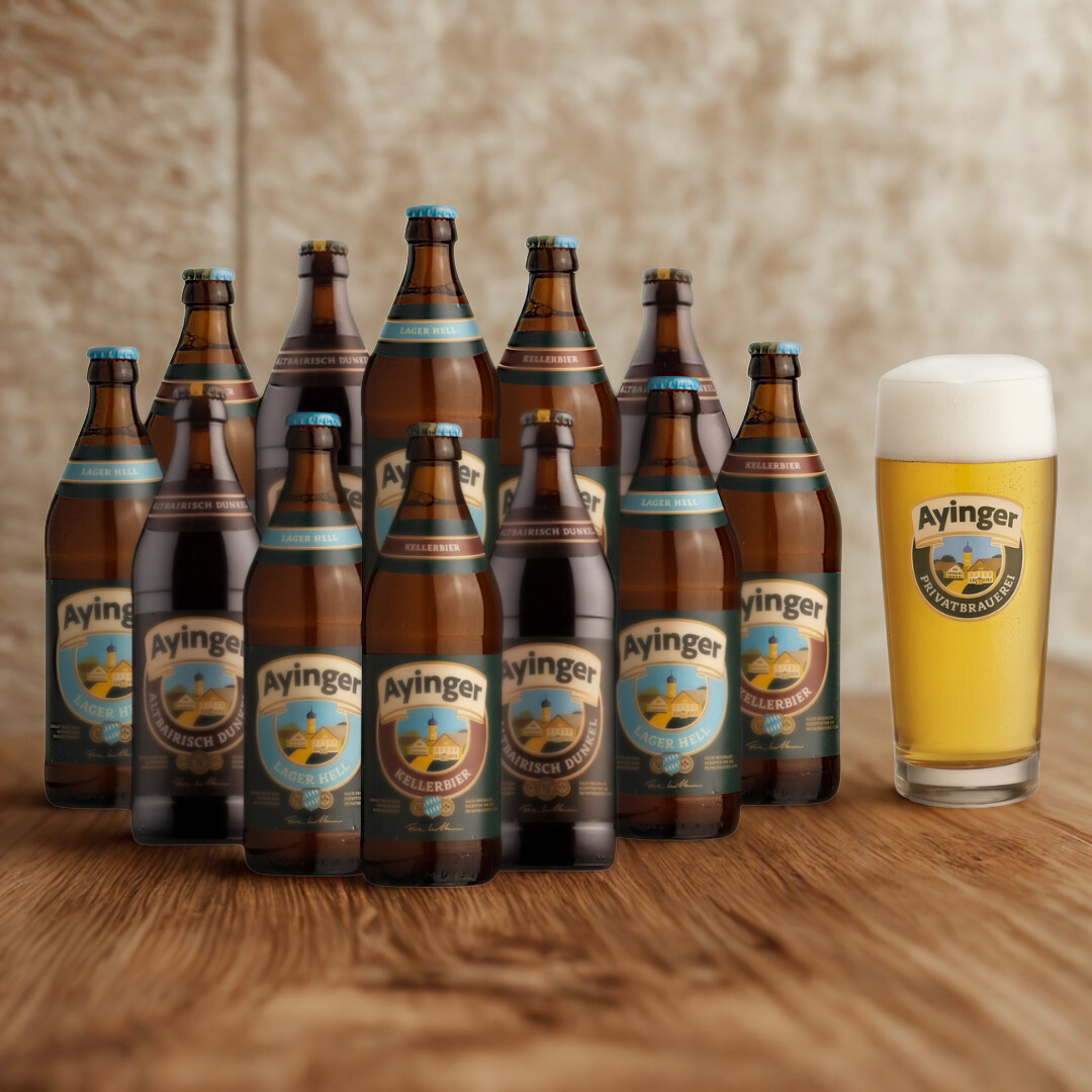 Ayinger German Lager Mixed Case (Helles, Dunkel &amp; Kellerbier) with Free Glass - (12 Pack)