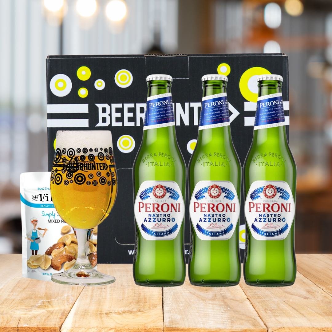 Peroni Nastro Azzuro Italian Lager Gift Set with Beerhunter Glass (3 Pack)