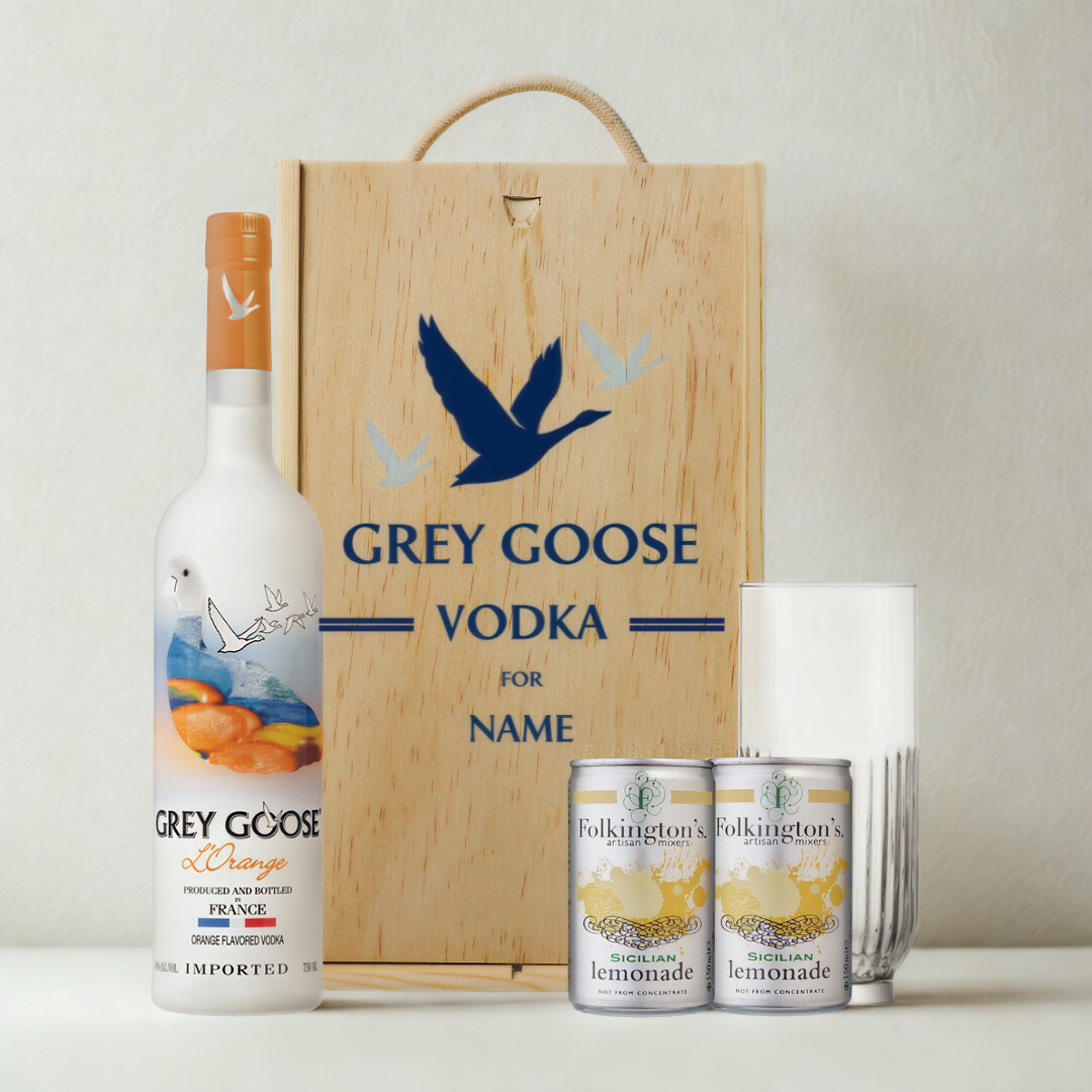 Personalised Grey Goose L'Orange Orange Vodka Gift Set with Lemonade &amp; Rocks Glass (70cl)